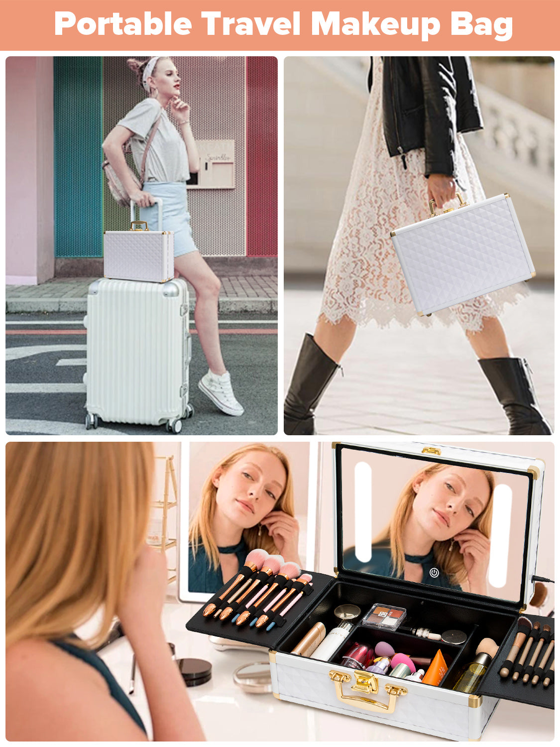 Portable makeup case, travel makeup bag with LED mirror, locked makeup storage box, brush holder, divider, rechargeable, white