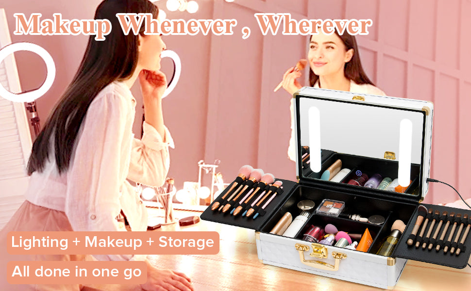 Portable makeup case, travel makeup bag with LED mirror, locked makeup storage box, brush holder, divider, rechargeable, white