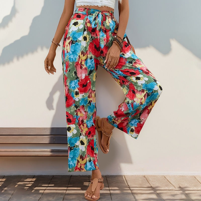 Effortless Chic Floral Wide-Leg Pants for Women - Vibrant Bohemian Style