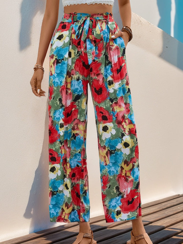 Effortless Chic Floral Wide-Leg Pants for Women - Vibrant Bohemian Style