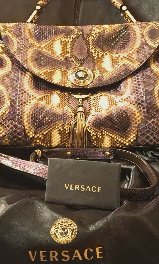 Limited Edition Versace Python Leather Handbag with Gold Accents