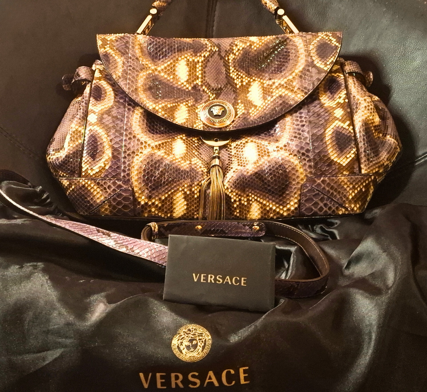 Limited Edition Versace Python Leather Handbag with Gold Accents